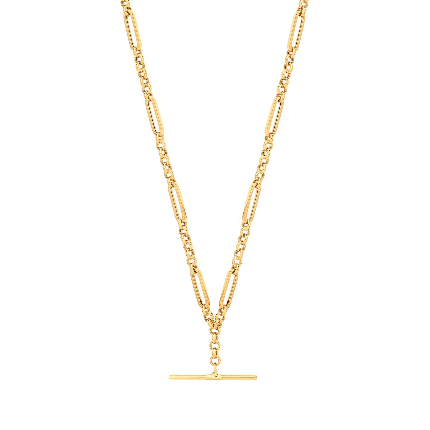 Yellow Gold Figaro Belcher T-Bar Necklace 18"