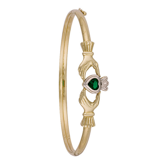 Yellow Gold Green Stone Set Claddagh Bangle
