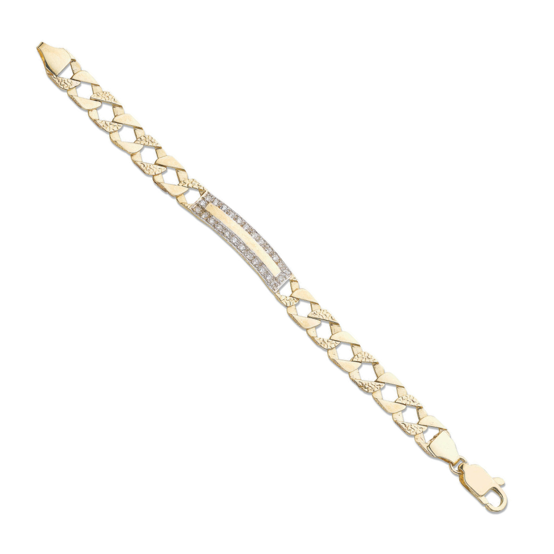 Yellow Gold Plain & Bark Casted Curb Baby ID Bracelet 06"