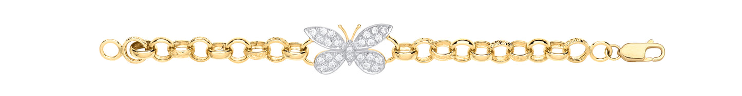 Yellow Gold Cz Butterfly Charm Baby Belcher Bracelet 6"