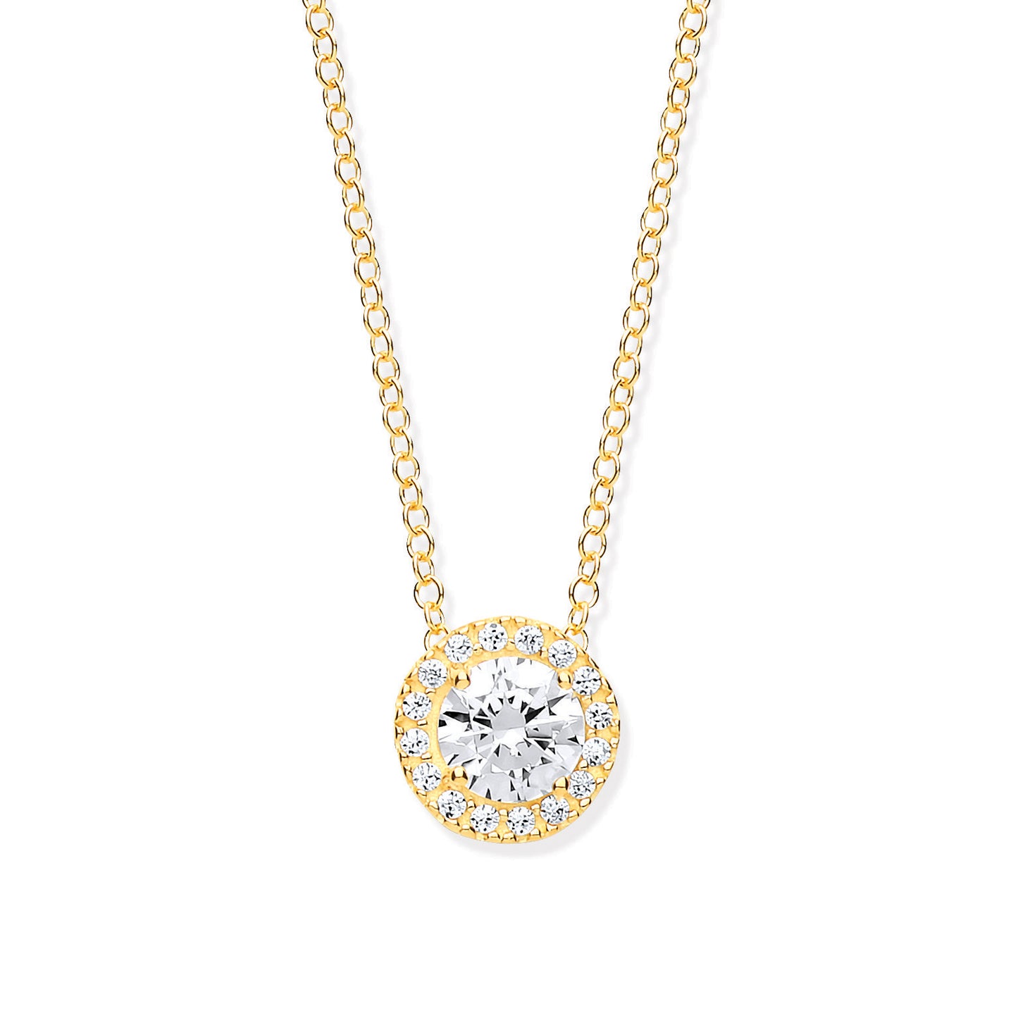 Yellow Gold Round Cz Halo Pendant on 18" Chain