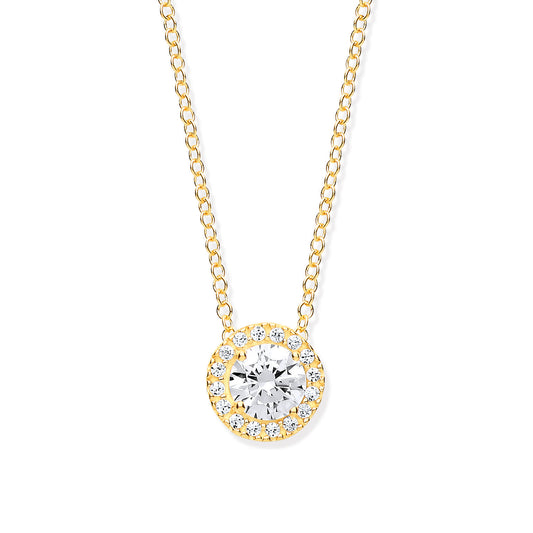 Yellow Gold Round Cz Halo Pendant on 18" Chain