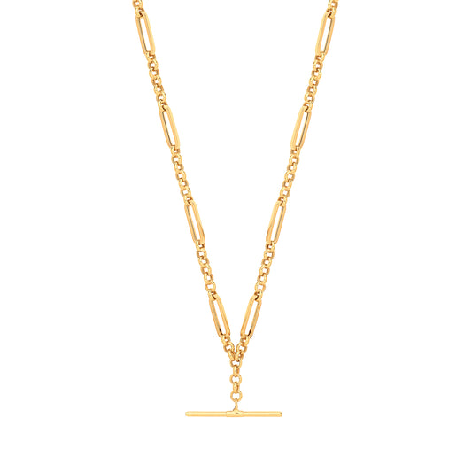 Yellow Gold Figaro Belcher T-Bar Necklace 18"