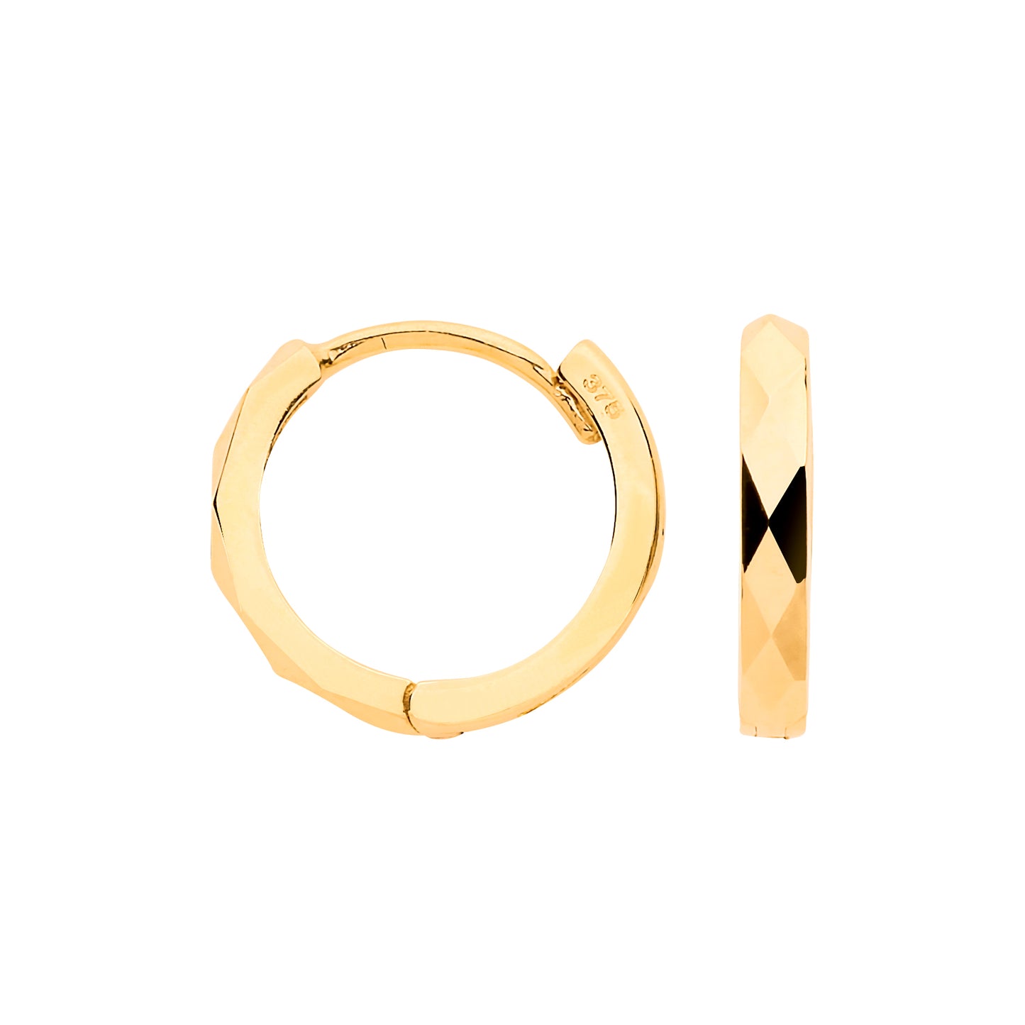 12mm Diamond Cut Hinged 9ct Yellow Gold Huggies Earrings