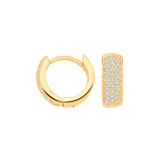 Yellow Gold Three Rows of CZs Small Huggies
