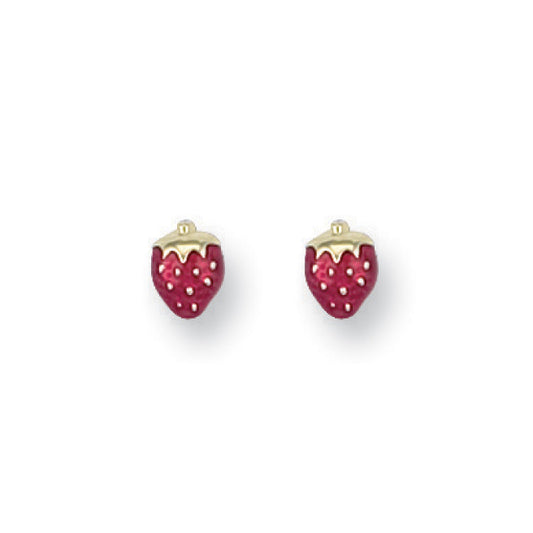 9ct Yellow Gold Enamelled Red Strawberry Studs
