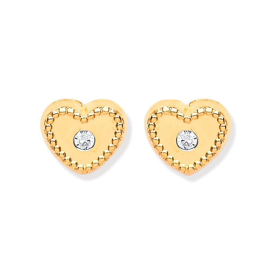 9ct Yellow Gold Heart Ribbed Edge with CZ Studs