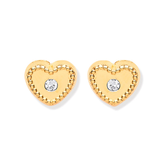 9ct Yellow Gold Heart Ribbed Edge with CZ Studs